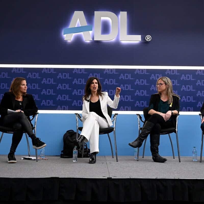 (From left to right) Ali Zelenko, Wendy Sachs, Jacki Alexander and Uri Berliner speak during the Anti-Defamation League's Never Is Now Summit at Javits Center in New York City, on March 3, 2025. Photo by Bryan Bedder/ADL via Getty Images.