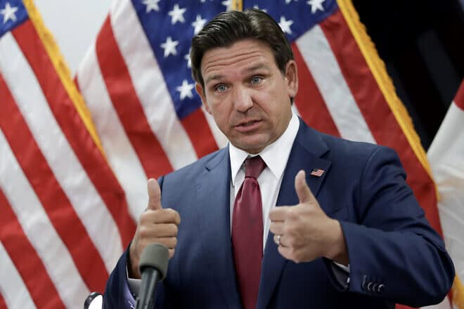 Florida Gov. Ron DeSantis speaks during a press conference in Miami, on April 10, 2025. Photo by Joe Raedle/Getty Images.