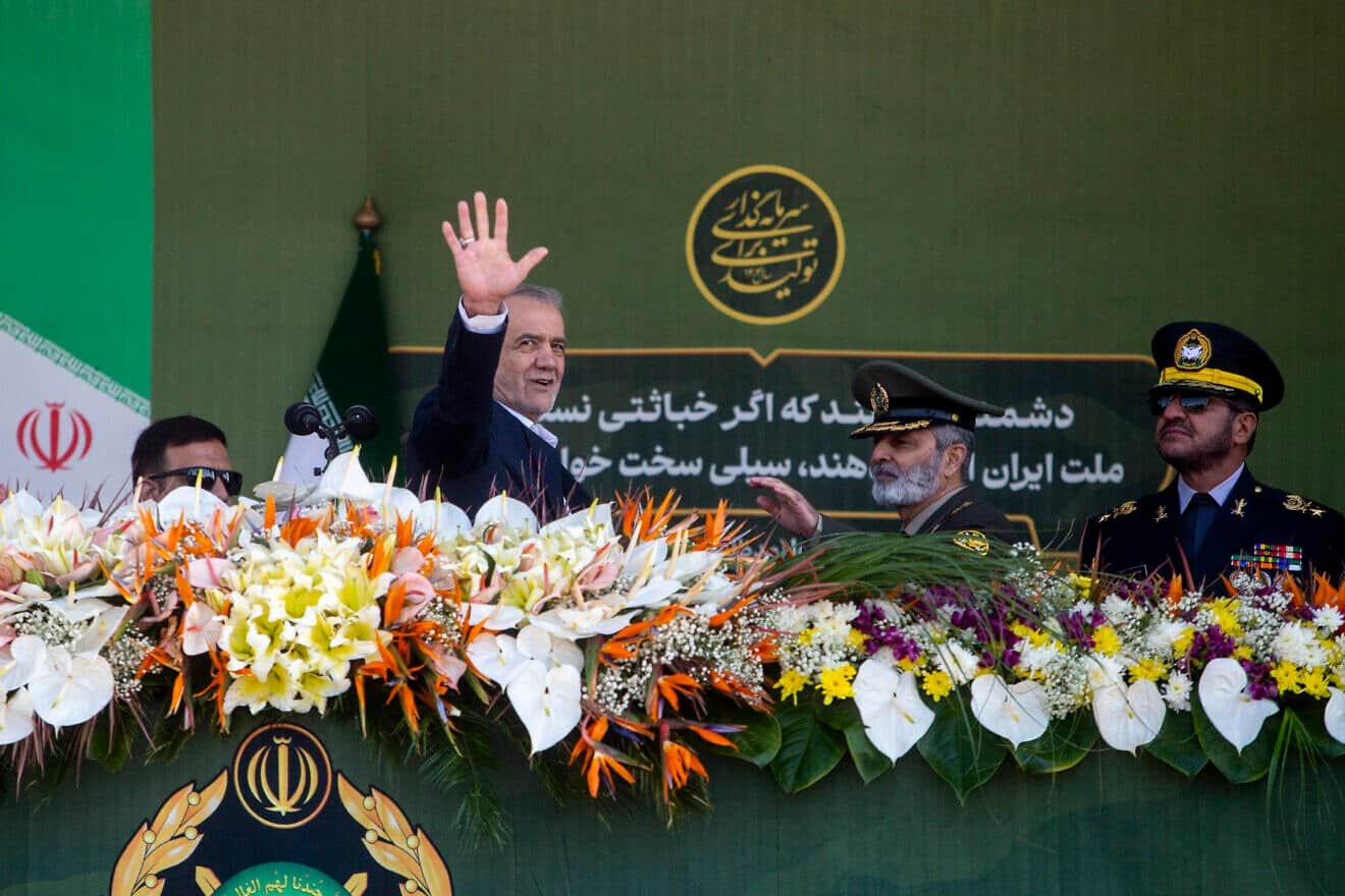 Iranian President Masoud Pezeshkian at a military parade in Tehran to mark the country's annual Army Day, April 18, 2025. Photo by Majid Saeedi/Getty Images.