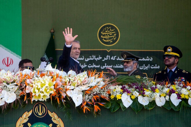 Iranian President Masoud Pezeshkian at a military parade in Tehran to mark the country's annual Army Day, April 18, 2025. Photo by Majid Saeedi/Getty Images.