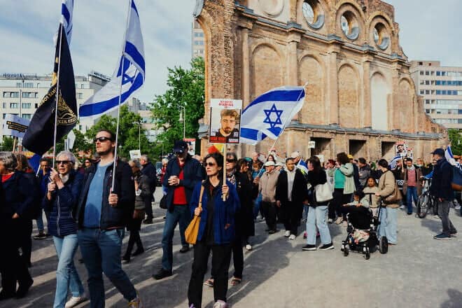 People participate in the "March of Life," which marks 80 years since the end of the Holocaust, under the motto "Courageously Standing for Jewish Life and Israel," in Berlin, Germany on May 7, 2025. Photo by Stefan Frank/Middle East Images/AFP via Getty Images.