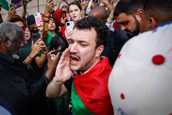 Former Columbia University student and anti-Israel protest leader Mahmoud Khalil shouts slogans in front of Columbia University after delivering a press conference in New York City on June 22, 2025, two days after his release from US custody. Photo by Kena Betancur/AFP via Getty Images.