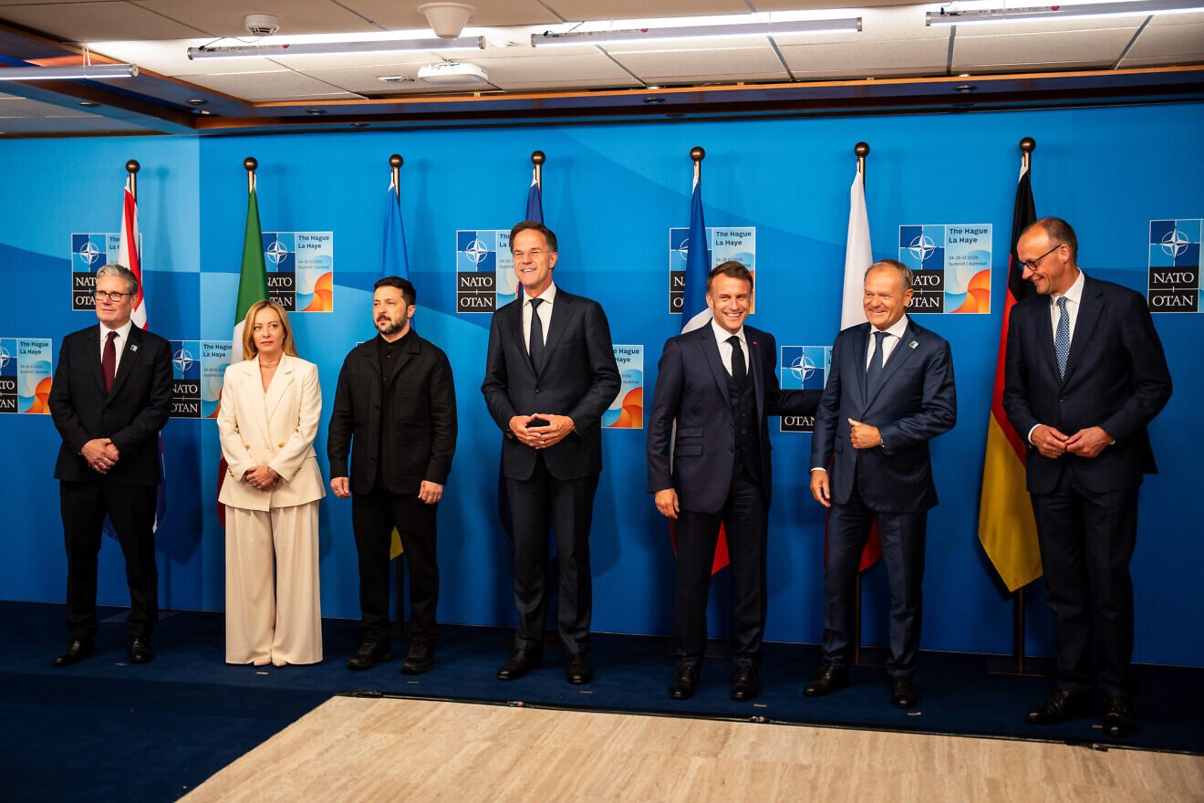 (Left to right) Keir Starmer, UK prime minister, Giorgia Meloni, Italy's prime minister, Volodymyr Zelenskiy, Ukraine's president, Mark Rutte, secretary general of NATO, Emmanuel Macron, France's president, Donald Tusk, Poland's prime minister and Friedrich Merz, Germany's chancellor, pose for a photo at the NATO summit on June 24, 2025 in The Hague. Photo by Lina Selg/Pool/Getty Images. (Left to right) Keir Starmer, UK prime minister, Giorgia Meloni, Italy's prime minister, Volodymyr Zelenskiy, Ukraine's president, Mark Rutte, secretary general of NATO, Emmanuel Macron, France's president, Donald Tusk, Poland's prime minister and Friedrich Merz, Germany's chancellor, pose for a photo at the NATO summit on June 24, 2025 in The Hague. Photo by Lina Selg/Pool/Getty Images.