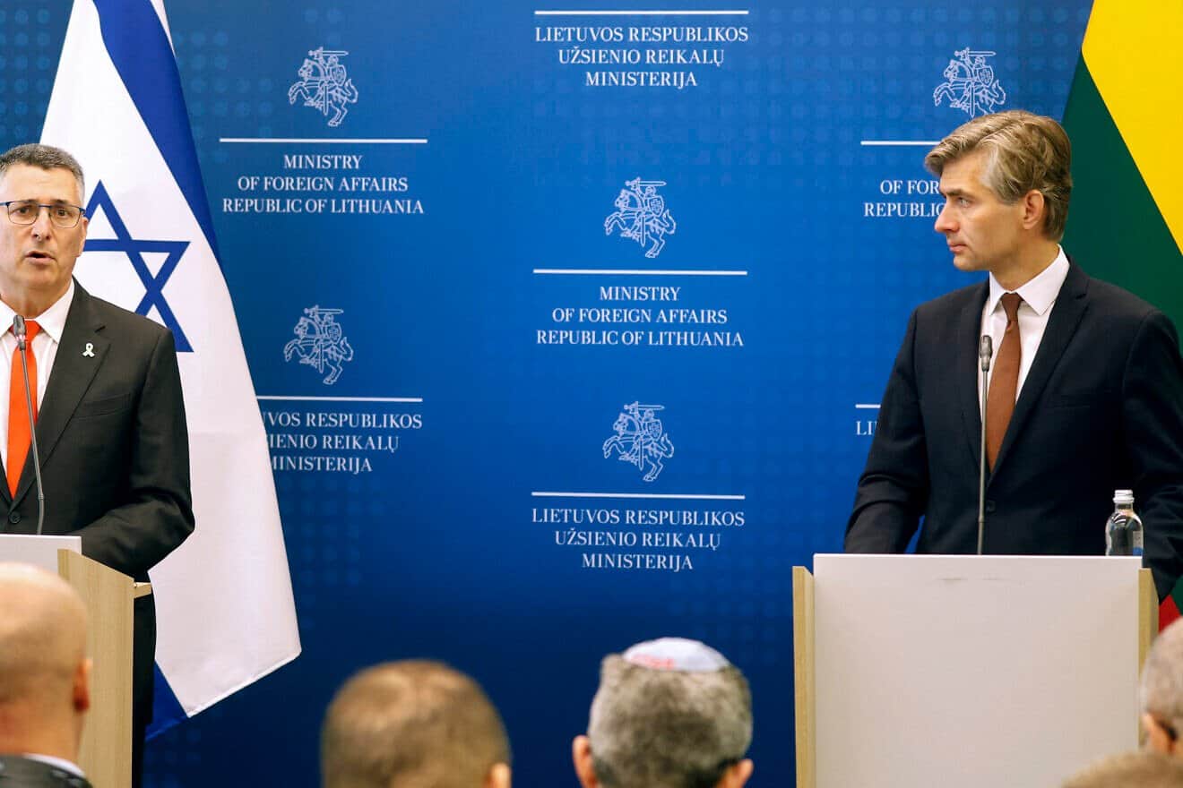 Israeli Foreign Minister Gideon Sa'ar and Lithuanian Foreign Minister Kestutis Budrys address a joint press conference at the Foreign Ministry in Vilnius, on July 1, 2025. Photo by Petras Malukas/AFP via Getty Images.