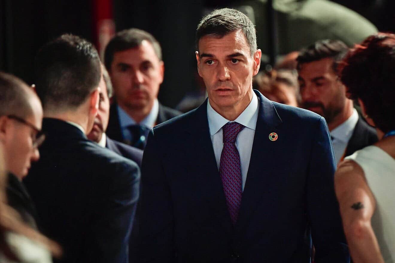 Spanish Prime Minister Pedro Sánchez after delivering a speech at the Fourth International U.N. Conference on Financing and Development in Seville, July 2, 2025. Photo by Cristina Quicler/AFP via Getty Images.