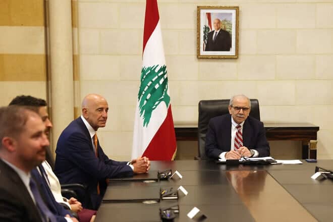Lebanese Prime Minister Nawaf Salam (right) meets with U.S. envoy Thomas Barrack in Beirut on July 7, 2025. Photo by Ibrahim/AFP via Getty Images.
