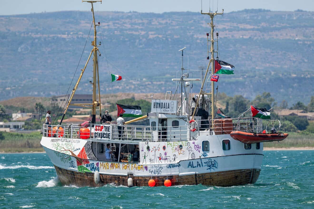 This photograph shows a view of the Freedom Flotilla ship "Handala" as the boat leaves for Gaza at a port in Syracuse, Sicily, southern Italy, on July 13, 2025. Photo by Giovanni Isolino/AFP via Getty Images.