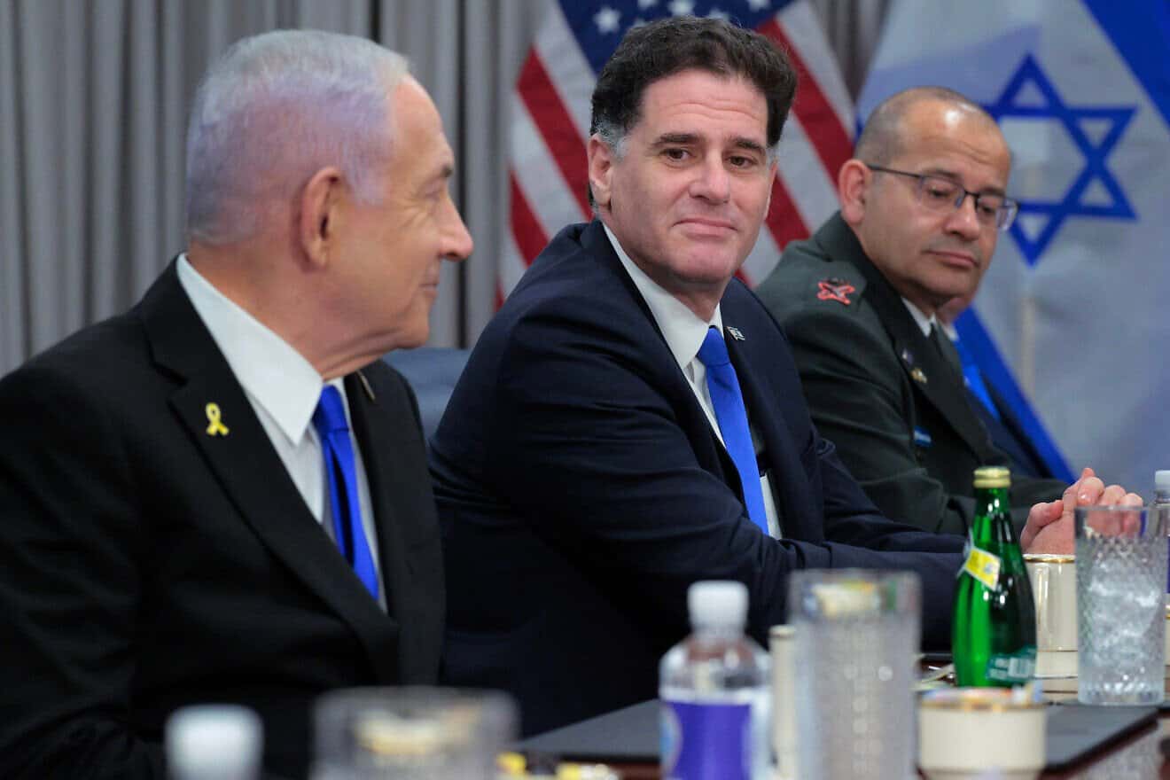 Israeli Prime Minister Benjamin Netanyahu (L) is joined by Israeli Minister of Strategic Affairs Ron Dermer and other officials for a meeting with U.S. Secretary of Defense Pete Hegseth at the Pentagon on July 09, 2025 in Arlington, Virginia. Photo by Chip Somodevilla/Getty Images.
