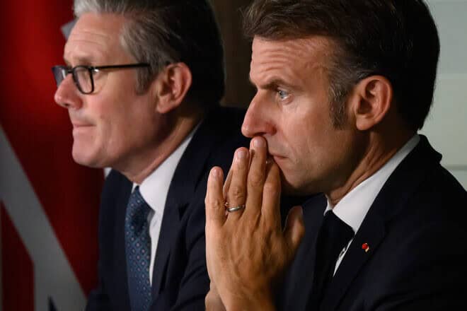British Prime Minister Keir Starmer and French President Emmanuel Macron host a meeting of the Coalition of the Willing during a joint military visit to the Northwood Headquarters, on July 10, 2025, in London, England. Photo by Leon Neal/Getty Images.