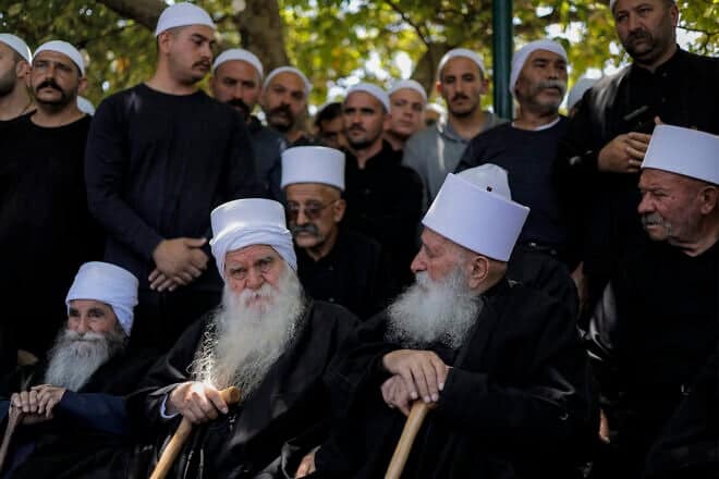 Elders of the Druze community gather during a meeting in the Druze town of Majdal Shams in the Israeli Golan Heights, on July 16, 2025. Photo by Jalaa Marey/AFP via Getty Images.