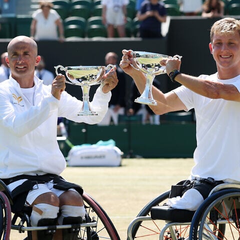 Guy Sasson (left) and Niels Vink after winning the Wimbledon Quad Wheelchair Doubles Final at the All England Lawn Tennis and Croquet Club in London on July 12, 2025. Photo by Ezra Shaw/Getty Images.