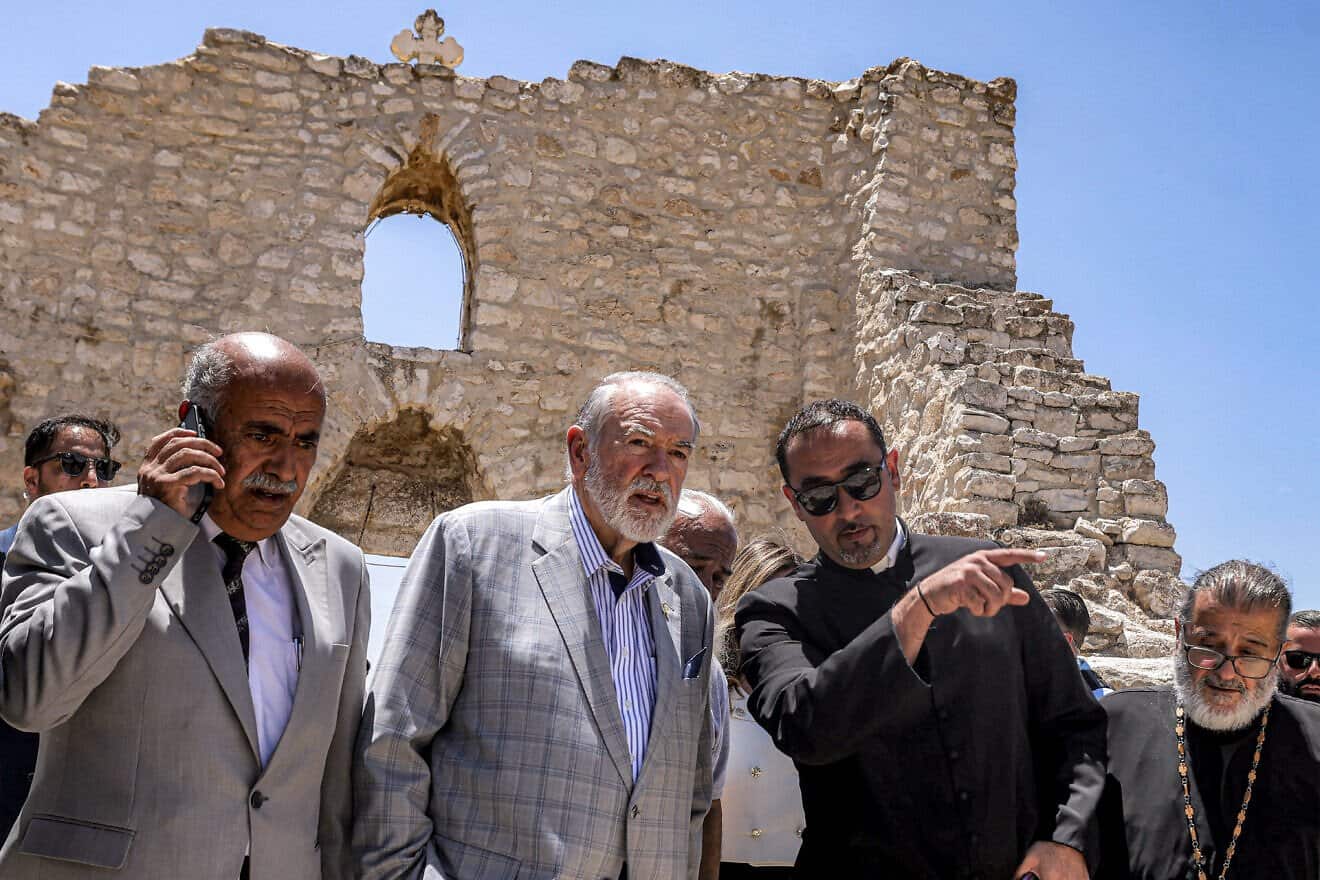 U.S. Ambassador to Israel Mike Huckabee tours the fifth-century Church of St. George in the Palestinian Christian village of Taybeh, northeast of Ramallah in Samaria, on July 19, 2025.. Photo by Jaafar Ashtiyeh/AFP via Getty Images.