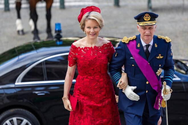 Queen Mathilde and King Philippe of Belgium arrive for the "Te Deum" as they attend the National Day ceremony in Brussels, Belgium, on July 21, 2025. Photo by Geert Vanden Wijngaert/Getty Images.