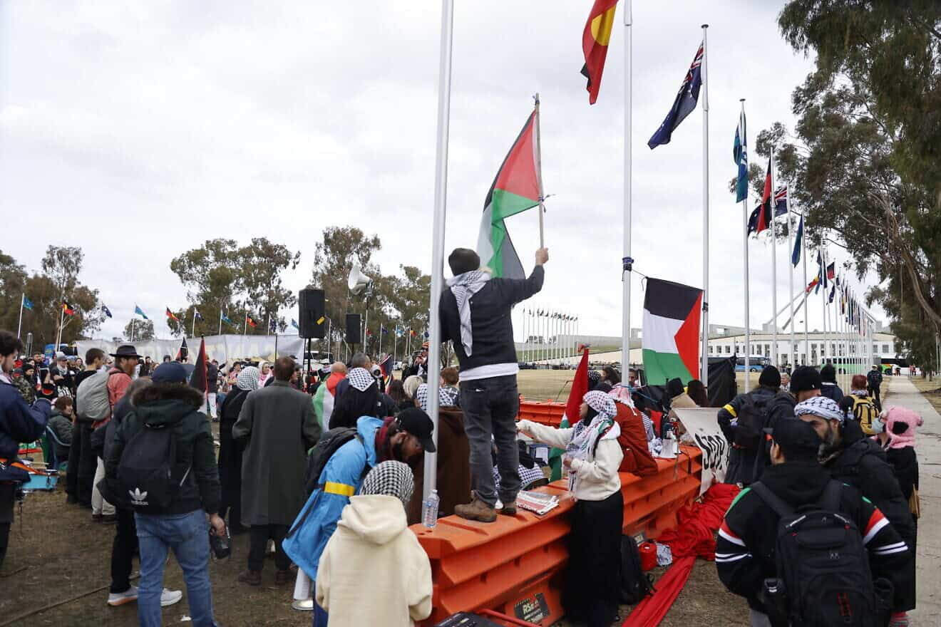 Anti-Israel activists protest in front of Australia's Parliament House in Canberra, on July 22, 2025. Photo by Hilary Wardhaugh/Getty Images.