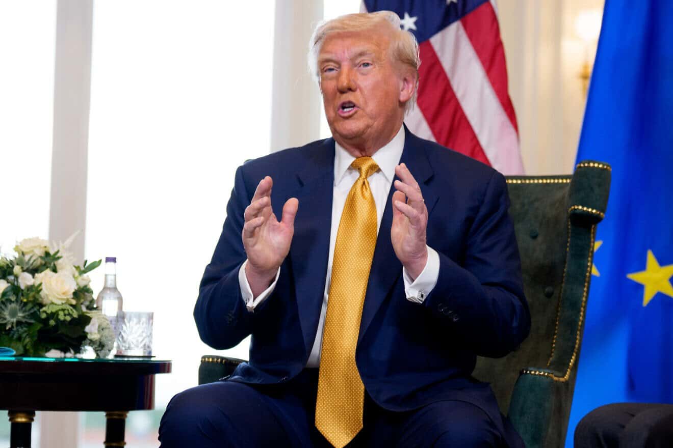 U.S. President Donald Trump speaks during a meeting with European Commission President Ursula von der Leyen at the Trump Turnberry golf club in Scotland, July 27, 2025. Photo by Andrew Harnik/Getty Images.