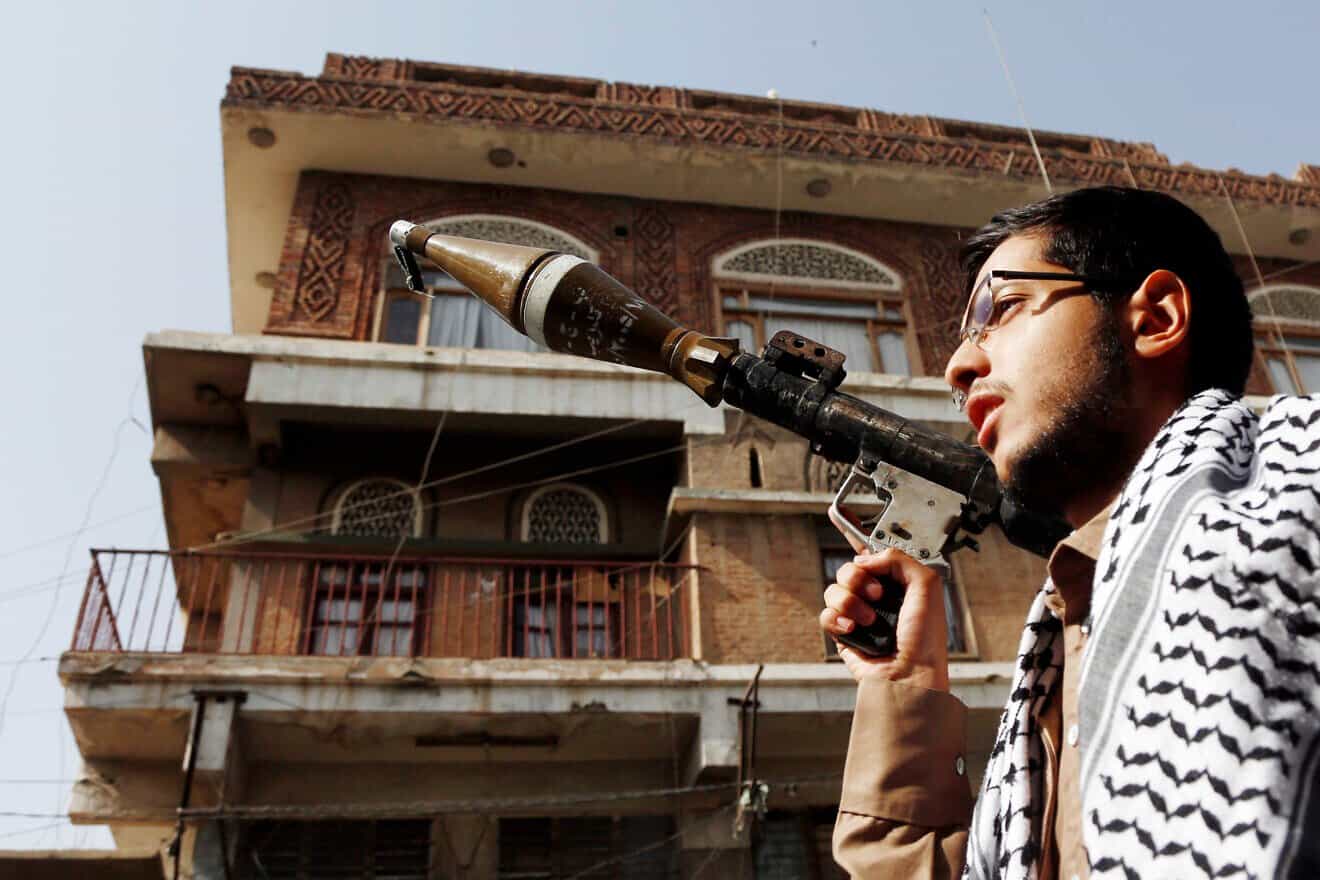 A Houthi terrorist takes part in a parade in Sanaa, Yemen, on July 24, 2025. Photo by Mohammed Hamoud/Getty Images.