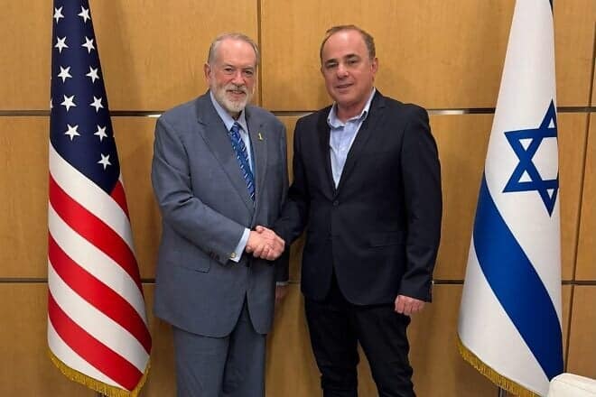 U.S. Ambassador to Israel Mike Huckabee meets Rafael Advanced Defense Systems Chairman and former Israeli Cabinet Minister Yuval Steinitz, July 2, 2025. Credit: U.S. Embassy in Israel.
