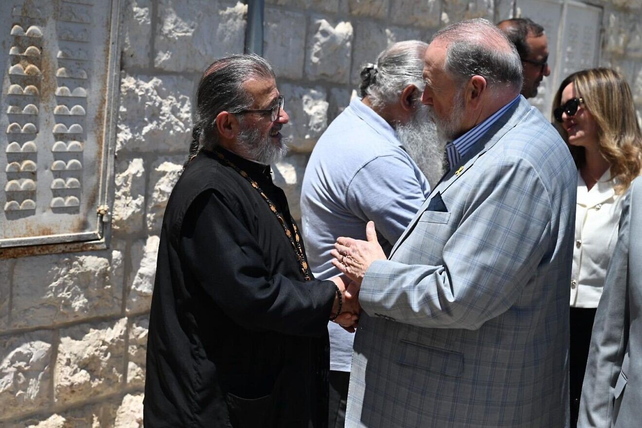 U.S. Ambassador to Israel Mike Huckabee pays a solidarity visit to the Christian-majority village of Taybeh, near Ramallah in Samaria, July 19, 2025. Credit: U.S. Embassy in Israel.