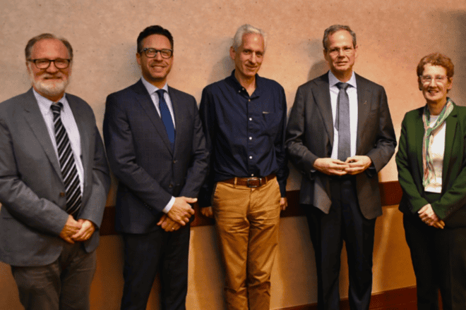 The Hebrew University of Jerusalem and Georgetown University’s Lombardi Comprehensive Cancer Center established a joint initiative to amplify innovation, discovery and action to end cancer. From left: Elliott Crooke, vice president for Faculty and Academic Affairs, Georgetown University Medical Center; Joshua Rednik, CEO, American Friends of the Hebrew University; Dr. Gary Kupfer, partnership lead; Eli Pikarsky, dean of the Faculty of Medicine, Hebrew University of Jerusalem; and Anna Riegel, co-chair, scientific council, vice president research, Georgetown University Medical Center. Photo by Ari Packer/AJ Photography.