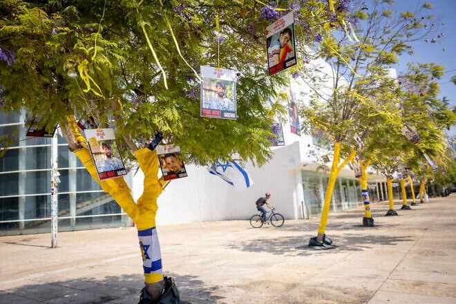 Images of hostages still being held by Hamas and Palestinian terrorists in the Gaza Strip posted on Habima Square in Tel Aviv, July 28, 2025. Photo by Miriam Alster/Flash90.