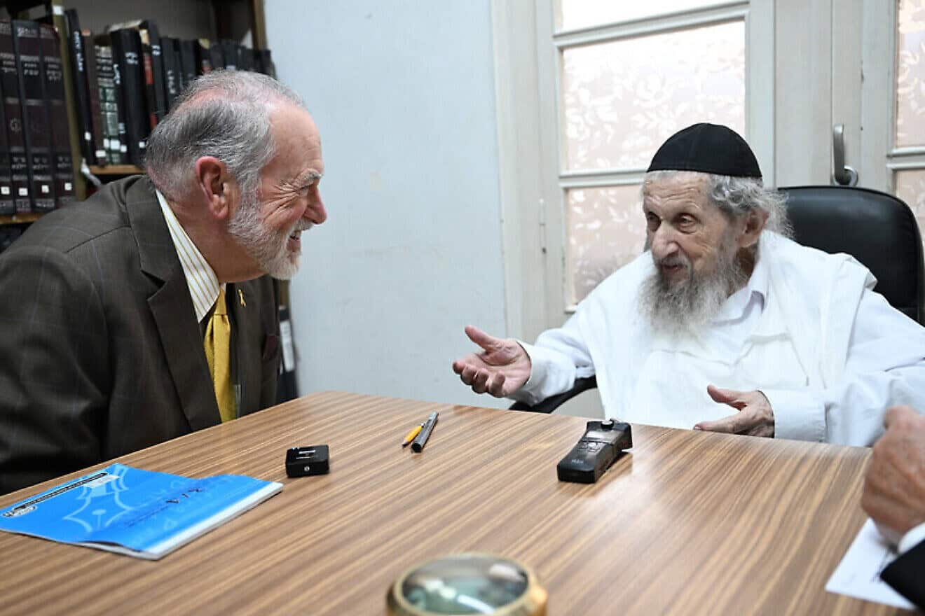 U.S. Ambassador to Israel Mike Huckabee (left) meets with Rabbi Dov Landau at the rabbi's home in Bnei Brak on July 23, 2025. Credit: David Azagury, U.S. Embassy, Jerusalem.