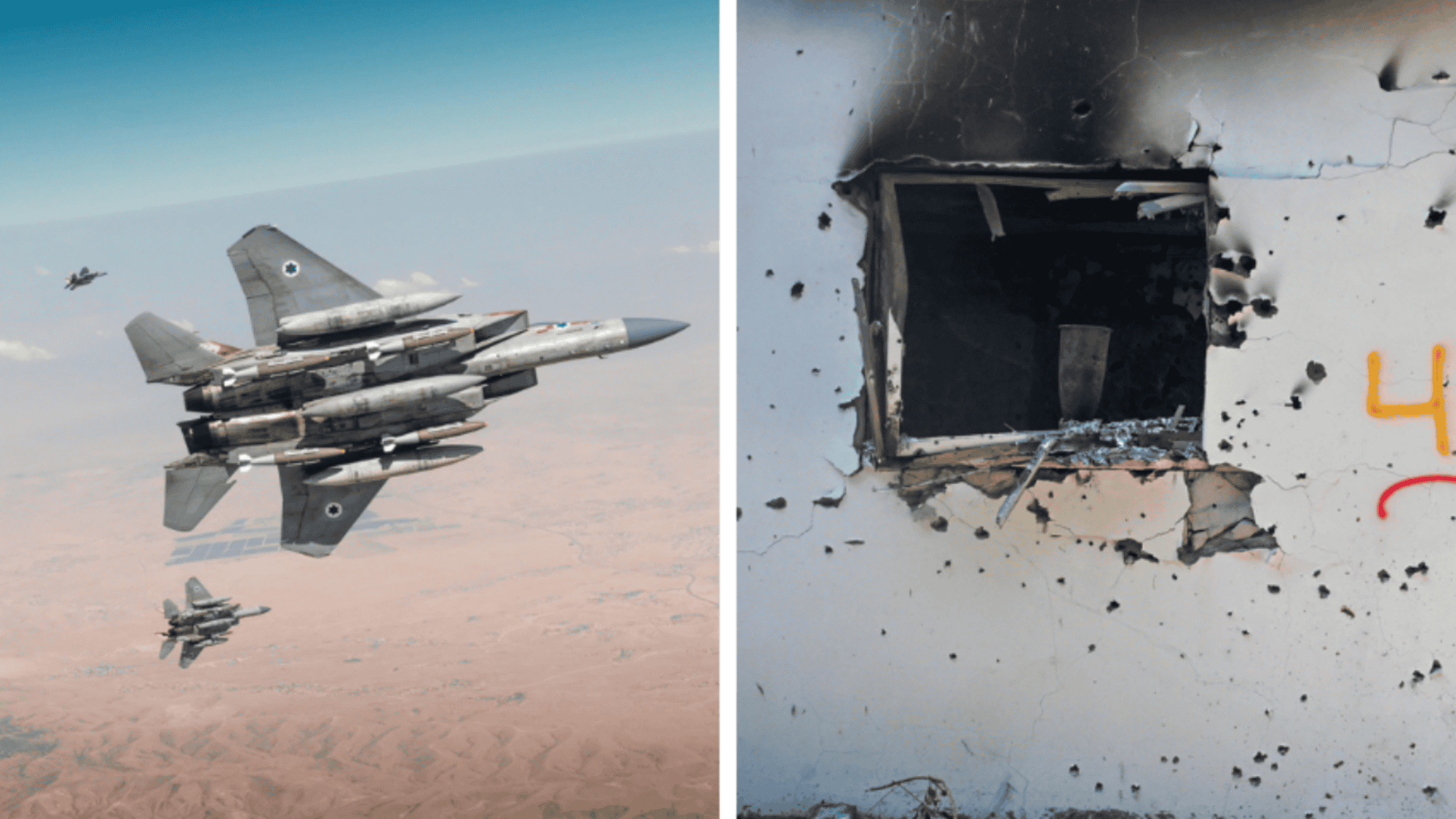 F-15I fighter jets headed for a strike in Tehran, June 2025; destruction in Kibbutz Be'eri after the Hamas invasion of Oct. 7, 2023. Credits: IDF, Kobi Gideon/GPO.
