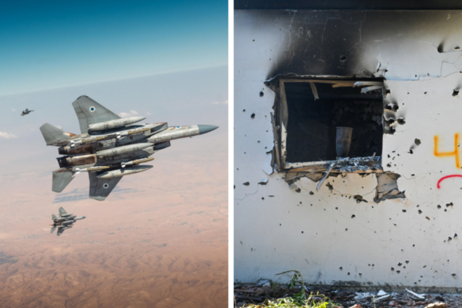 F-15I fighter jets headed for a strike in Tehran, June 2025; destruction in Kibbutz Be'eri after the Hamas invasion of Oct. 7, 2023. Credits: IDF, Kobi Gideon/GPO.