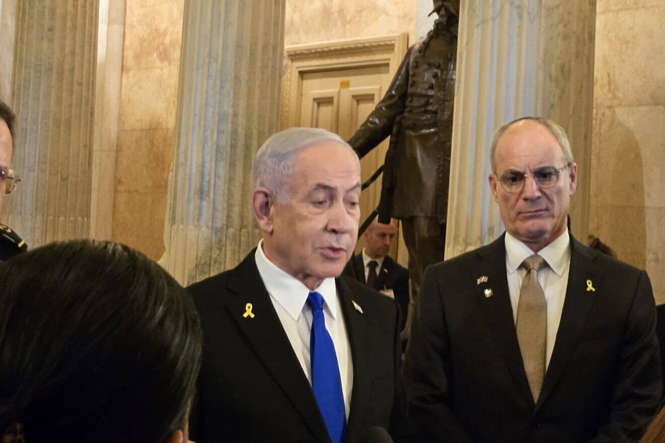 Israeli Prime Minister Benjamin Netanyahu fields questions from reporters at the U.S. Capitol in Washington, D.C., following a private meeting with U.S. House Speaker Mike Johnson (R-La.), in Washington. D.C., on July 8, 2025. Photo by Jonathan D. Salant.