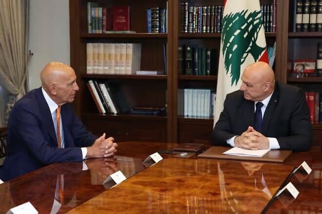 U.S. Special Envoy for Syria Thomas Barrack (left) and Lebanese President Joseph Aoun at the presidential palace in Baabda, east of Beirut, on July 7, 2025. Credit: Lebanese Presidency Press Office.