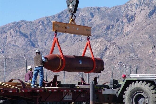 Prototype of the 30,000-pound Massive Ordnance Penetrator at a firing range in White Sands, N.M., March 14, 2007. Credit: Defense Threat Reduction Agency.