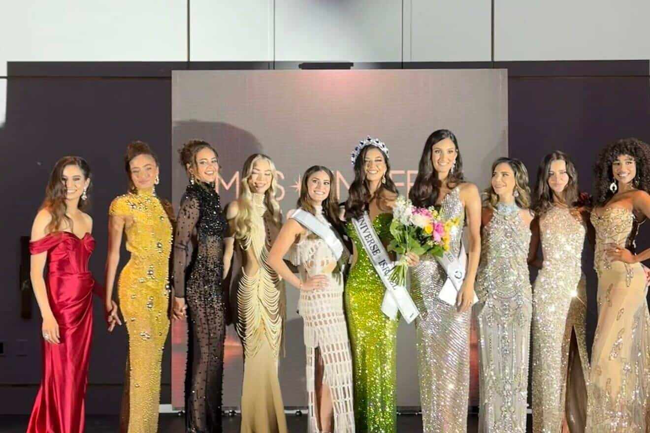 Israeli model Melanie Shiraz (center, in green dress) was crowned "Miss Israel" in Miami on July 19, 2025, and will represent the country at the international Miss Universe pageant in Thailand in November. Credit: Miss Universe Israel.