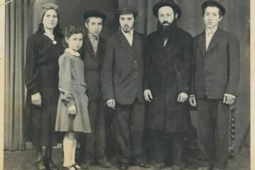 The Korf family, circa late 1940s. From left: Chaya Rivka Korf, Bas Sheva Shemtov, Rabbi Pinchas Korf, Rabbi Gedalya Korf, Rabbi Yehoshua Korf and Rabbi Avraham Korf. Credit: Courtesy of the Korf Family.