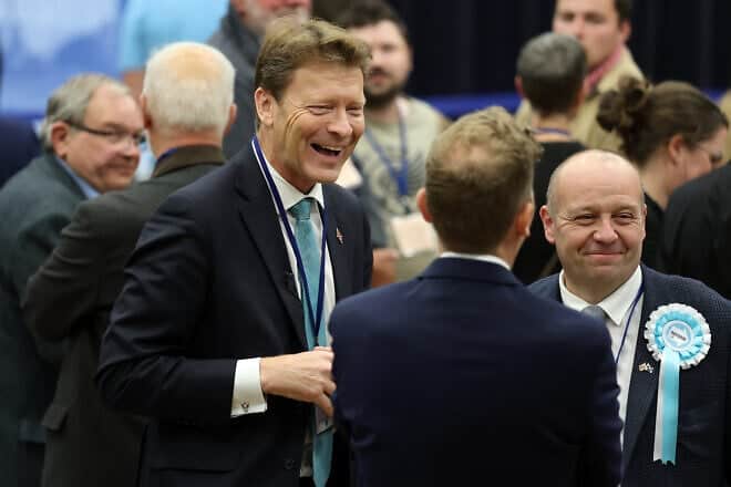 Reform UK Deputy Leader Richard Tice talks with candidate Ross Lambie at the Hamilton, Larkhall and Stonehouse by-election count in Hamilton, Scotland, on June 06, 2025. Photo by Jeff J Mitchell/Getty Images.