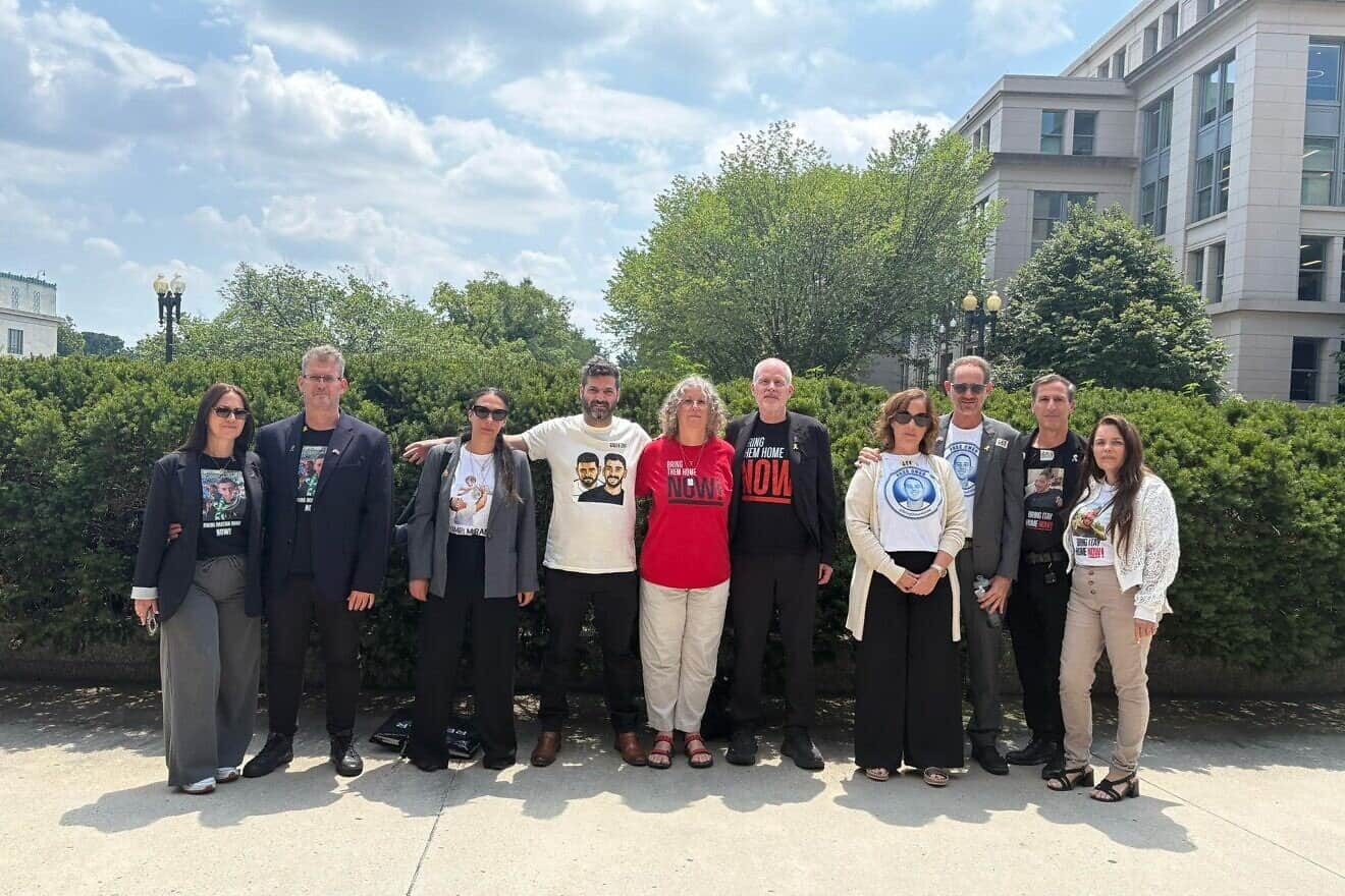 Survivors and families of the Hamas captives ahead of a meeting in Washington with U.S. Secretary of State Marco Rubio, July 25, 2025. Credit: Hostage and Missing Families Forum.