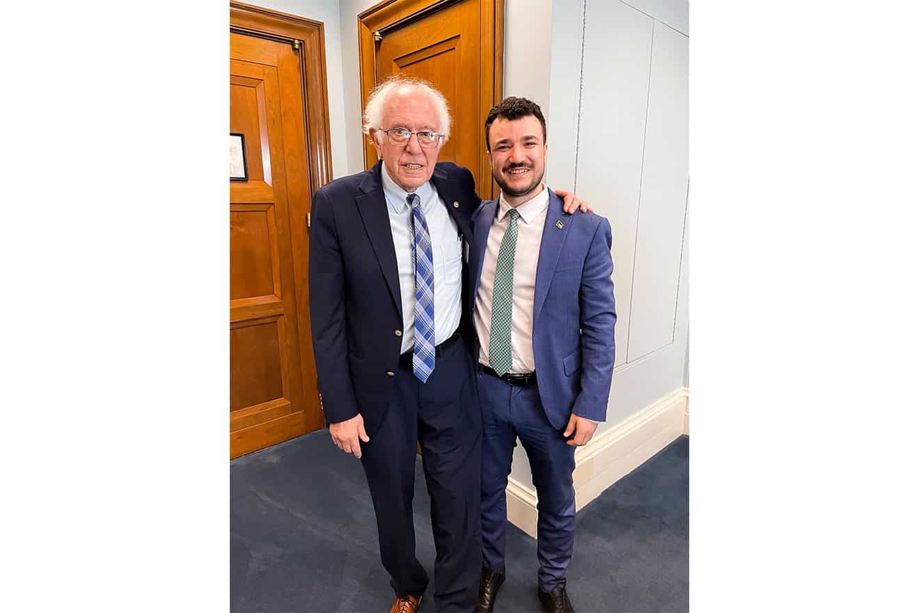 Sen. Bernie Sanders (I-Vt.) meets with Mahmoud Khalil in Washington, July 22, 2025. Source: Sen. Bernie Sanders official social media post.