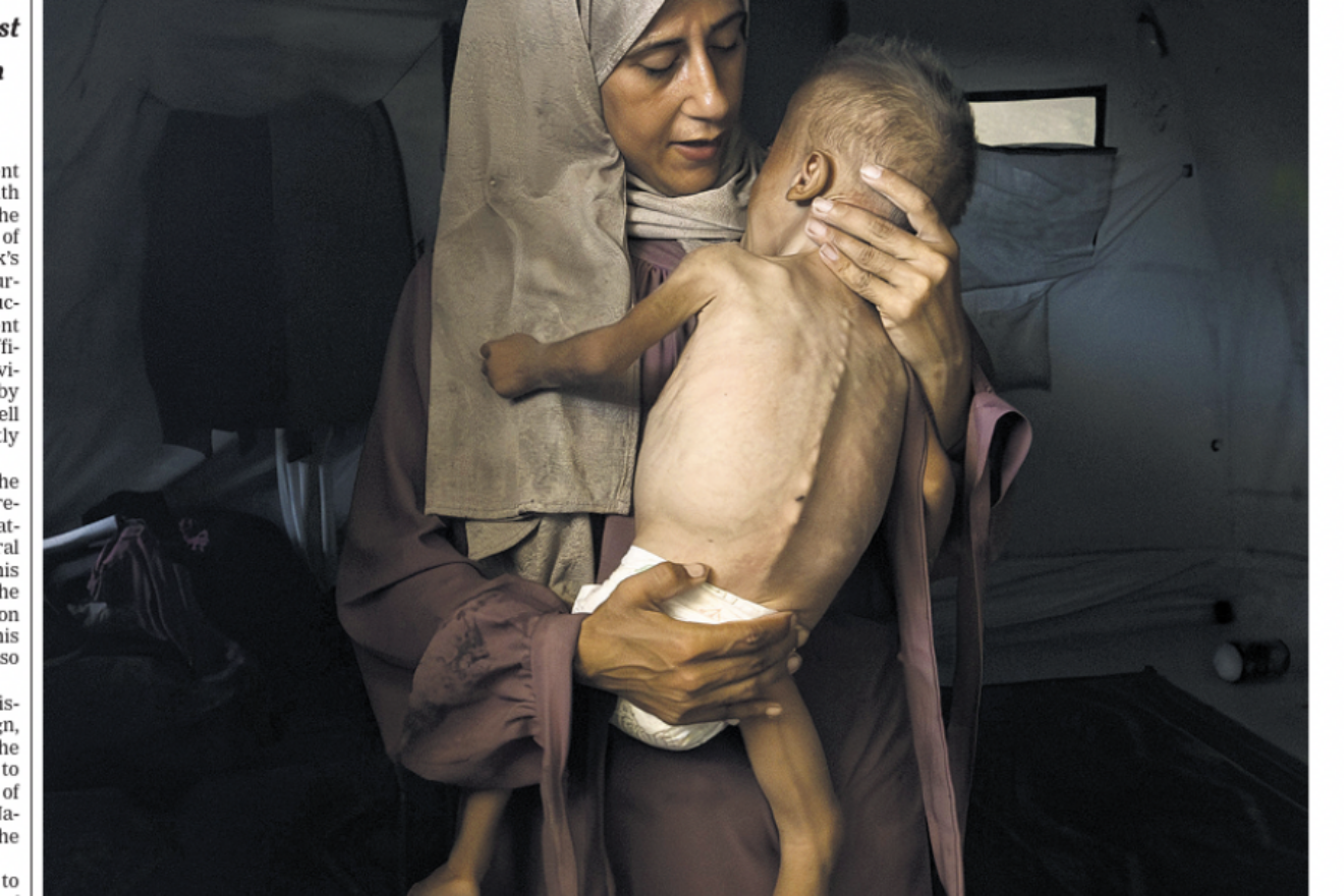 A story on starvation in Gaza as featured on the cover of the July 25 edition of The New York Times. Screenshot.