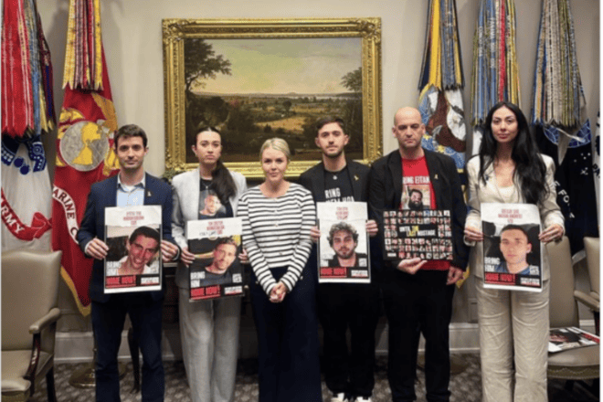 White House Press Secretary Karoline Leavitt (center-left) meets with former hostages and the families of some of those still held in Gaza, in Washington, D.C. on July 2, 2025. Credit: Karoline Leavitt/X Screenshot.