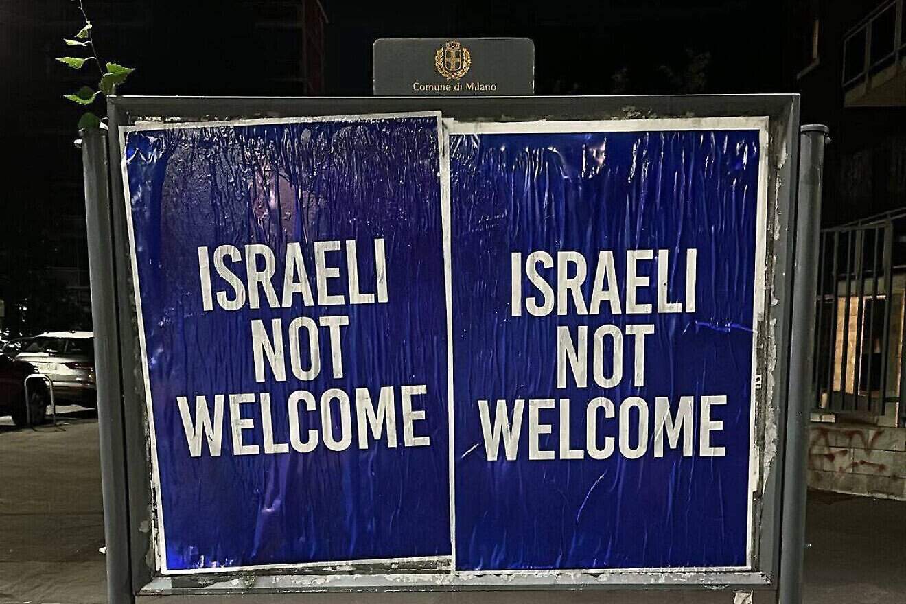 Signs excluding Israelis on display in Milan in June 2025. Credit: Courtesy of Mosaic CEM.