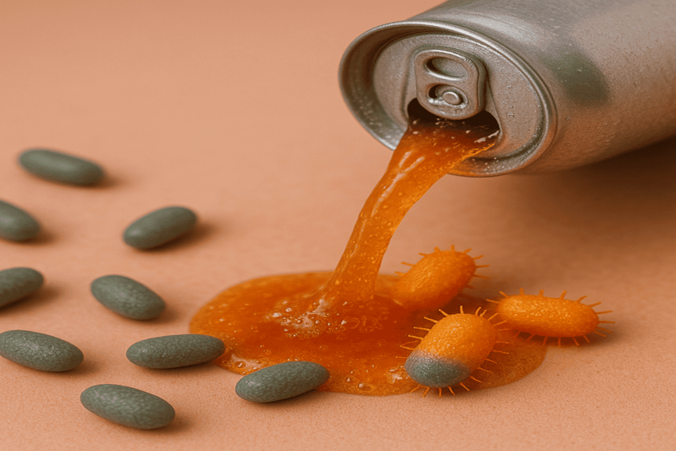 The effect of a sweetened beverage on bacterial function, a demonstration of functional plasticity. Credit: Created by AI and inspired by an illustration by Tom Blum, a student in the research group.