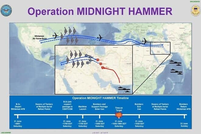 Timeline of “Operation Midnight Hammer,” June 22, 2025.
Credit: U.S. Department of Defense via Wikimedia Commons.