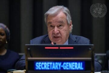António Guterres, secretary-general  of the United Nations, addresses the wrap-up session and ministerial meeting titled “Delivering on Peace: Consolidating Outcomes and Charting the Path Forward” during a conference on the “Peaceful Settlement of the Question of Palestine and the Implementation of the Two-State Solution,” July 28, 2025. Credit: Loey Felipe/U.N. Photo.
