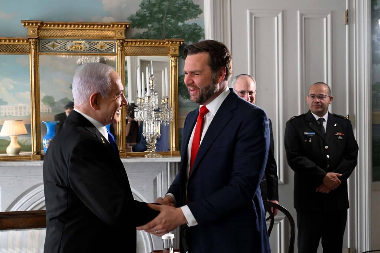 Israeli Prime Minister Benjamin Netanyahu, left, shakes hands with U.S. Vice President JD Vance before their meeting at Blair House in Washington, D.C., July 8, 2025. Photo by Avi Ohayon/GPO.