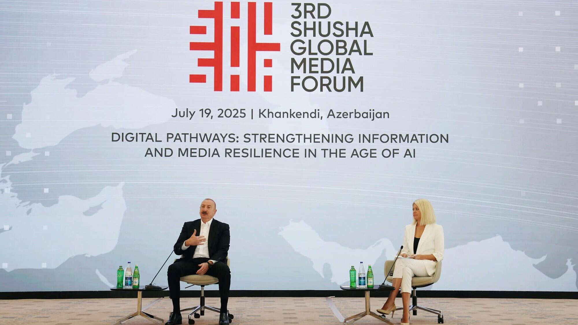 Azerbaijan's President Ilham Aliyev talks to international journalists via moderator Jane Witherspoon, Euronews' Middle East bureau chief, in Khankendi on July 19, 2025. Credit: Courtesy.