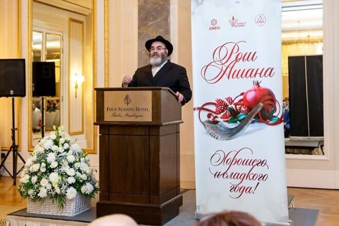 Azerbaijan's Chief Rabbi Shneor Segal gives a Rosh Hashanah address at the Four Seasons Hotel in Baku. Credit: Courtesy.