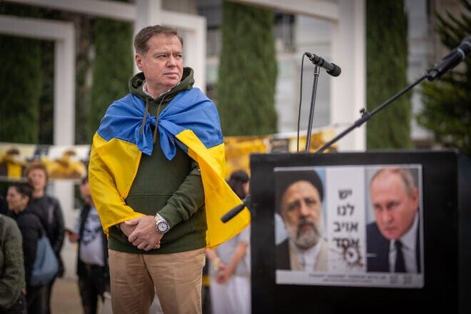 Ukraine's ambassador to Israel, Yevgen Korniychuk, attends a ceremony in Tel Aviv marking the second anniversary of the Russian invasion of Ukraine, on Feb. 23, 2023. Photo by Erik Marmor/Flash90.