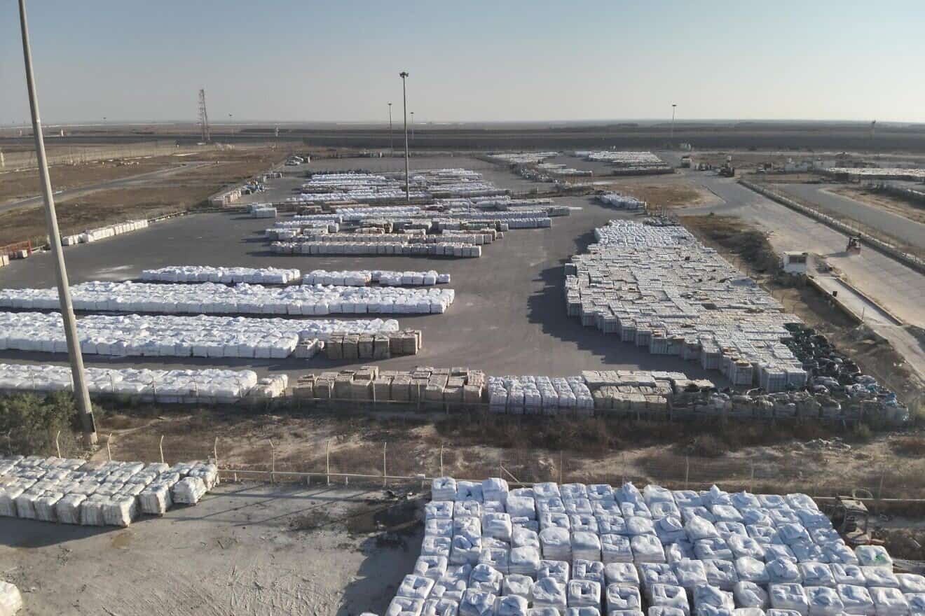 These supplies on the Gazan side of the Kerem Shalom Crossing have not been collected for distribution by international aid organizations. Credit: IDF.