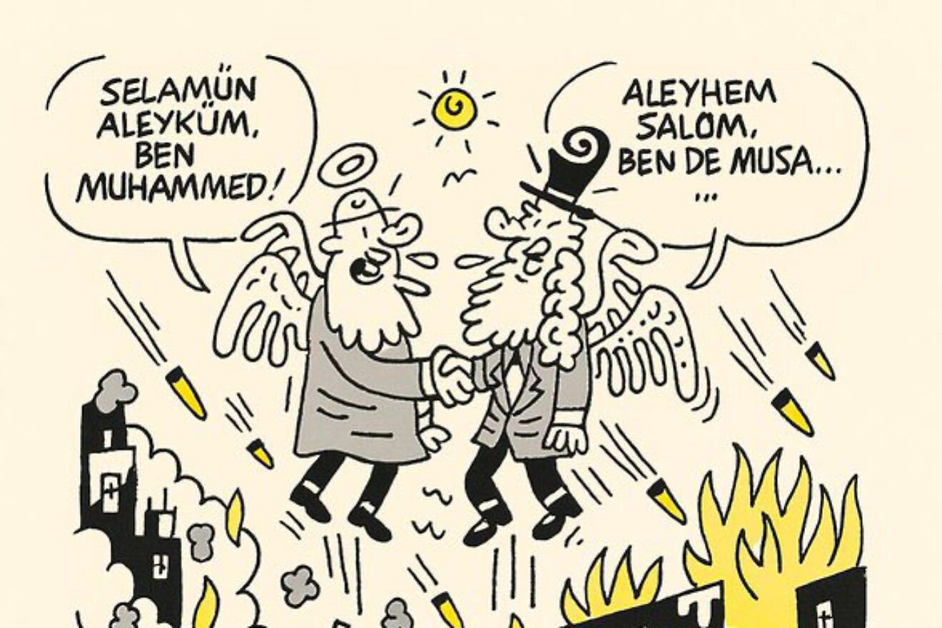 A caricature printed in the LeMan Turkish magazine on June 26, 2025 shows two bearded, winged men shaking hands and introducing one another as Musa and Mohammed. Photo credit: LeMan.