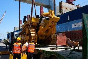 D9 bulldozers arrive at Haifa Port, July 9, 2025. Credit: Israel Ministry of Defense.