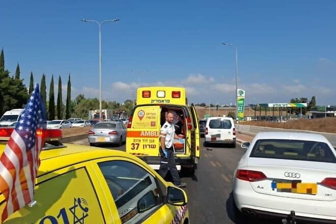 Magen David Adom emergency personnel at the scene of a car-ramming attack on Route 57 near Kfar Yona, east of Netanya, July 24, 2025. Credit: MDA.