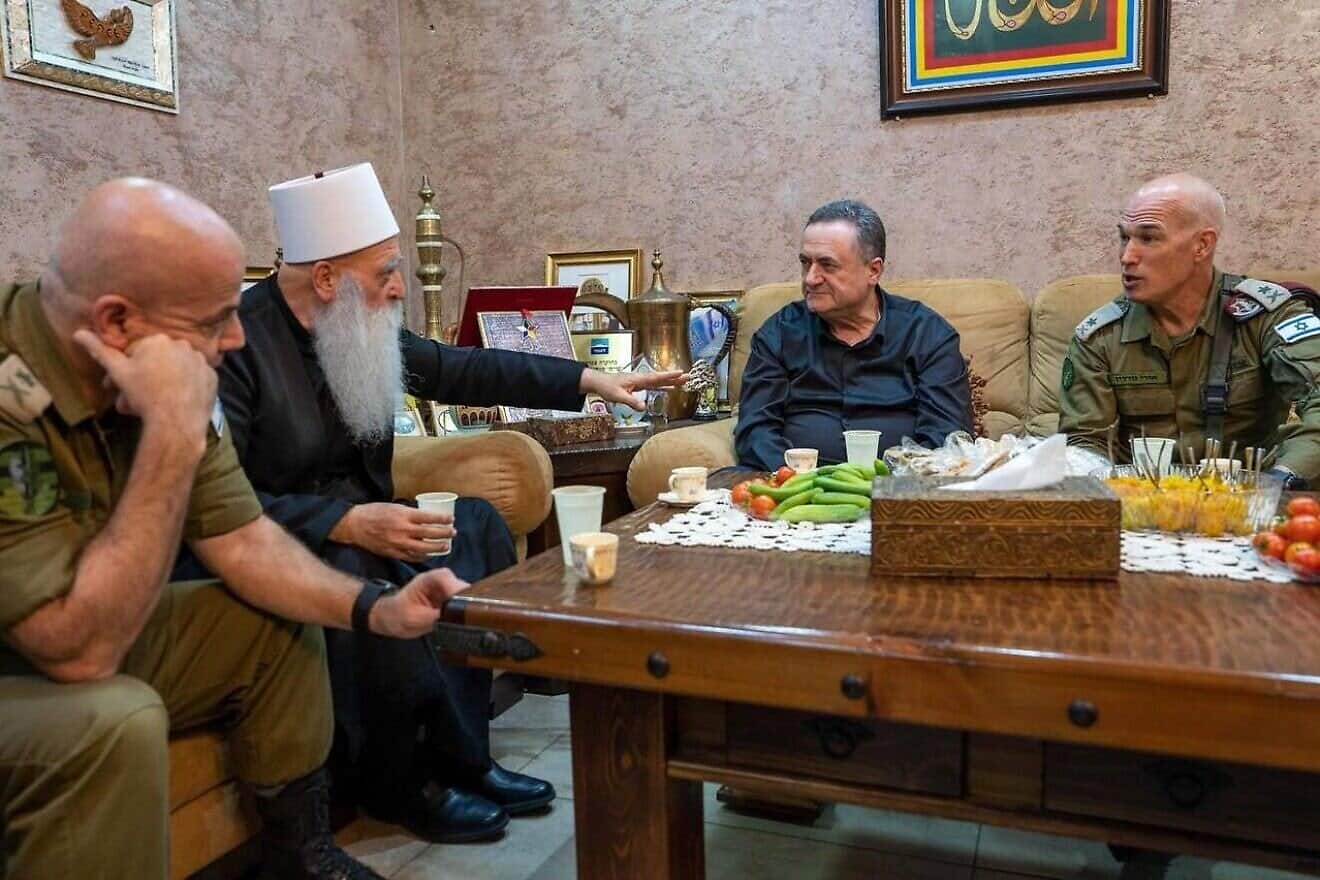 Defense Minister Israel Katz meets with Sheikh Muwafaq Tarif, spiritual leader of Israel’s Druze community, at his home in Julis, July 26, 2025. Photo by Ariel Hermoni/Israeli Defense Ministry.